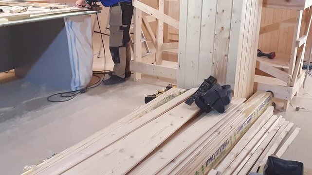 Footage of the carpenter working with miter cut. Woodworking
