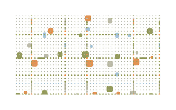 Geometric dot grid with playful variation, seamless pattern, repeating pattern, surface design, textile print, soft color palette, modern illustration, no