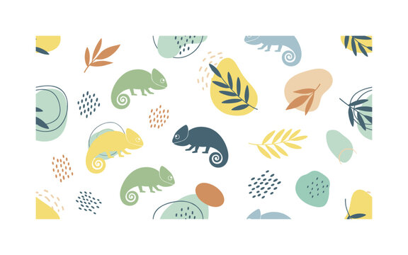 Minimal chameleon silhouettes with abstract shapes, seamless pattern, repeating pattern, surface design, textile print, soft color palette, modern