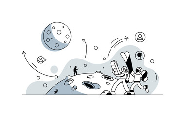 Obraz premium Futuristic planetary scene. A stylized exoplanet surface features unique shapes and a large celestial body overhead, with a small explorer silhouette. Gentle