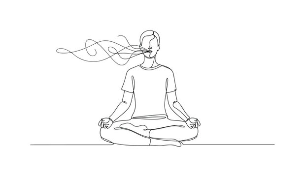 "Breathing Exercises". Minimalistic one-line drawing person sitting cross-legged with hands on knees and subtle flow lines representing breath, continuous