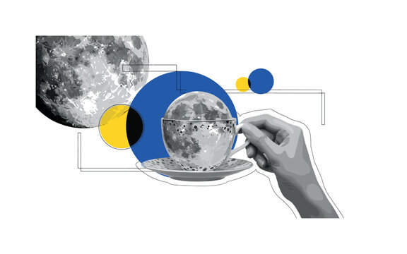 teacup holding a realistic moon as main subject, black and white textures of ceramic and lunar surface, bold blue and yellow geometric circles and rectangles