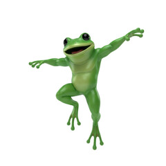 Fototapeta premium a vibrant emerald green frog mascot character with a muscular physique captured mid-air in a dynamic jump, displaying an exaggeratedly cheerful smile. Joyful branding concept