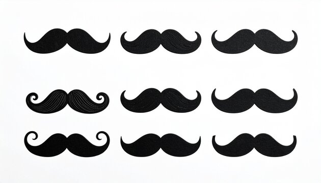 Nine stylized black mustache designs arranged in rows on white background, each unique in shape, curvature, and tips, showcasing classic styles for design and illustration.