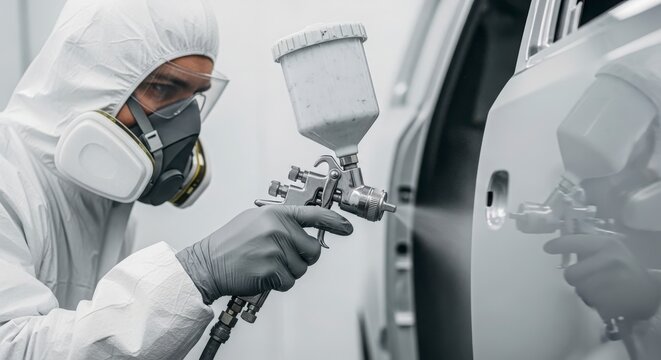 Auto mechanic in protective suit sprays car door with paint gun in workshop