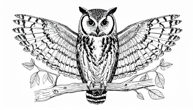 Detailed black-and-white owl illustration with wings spread, perched on leafy branch, emphasizing symmetry, feather patterns, and large round eyes symbolizing wisdom.