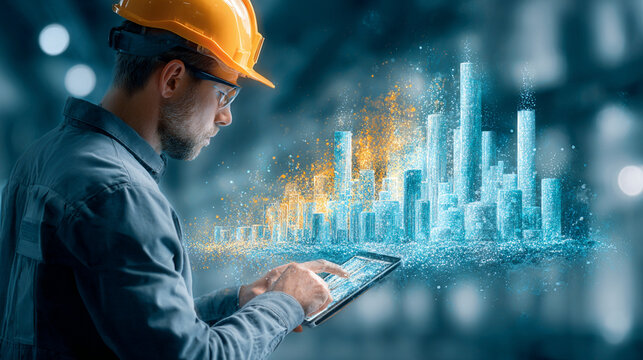 Engineer using tablet with augmented reality hologram for smart city urban planning. Digital twin and BIM technology for futuristic construction project management.
