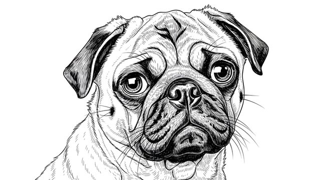 Realistic pug dog line art portrait illustration. Detailed black and white drawing for pet care branding and design.
