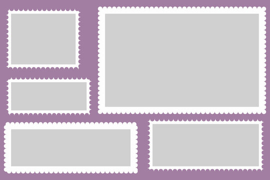 Five rectangular postage stamp frames with scalloped edges on a dusty purple background