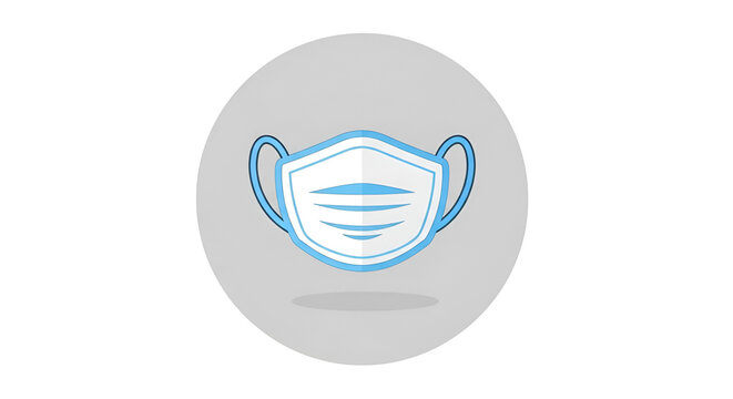 Illustration of a light blue medical face mask with shadow on a gray circular background for protection against viruses and germs