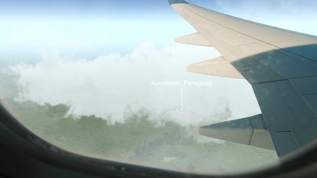Airplane Flying over Asuncion, Paraguay and Clouds. Aerial Airplane scenes. Jet Flying Over City. Aerial City Animation &ndash; Vox Style Map Animation in 4K