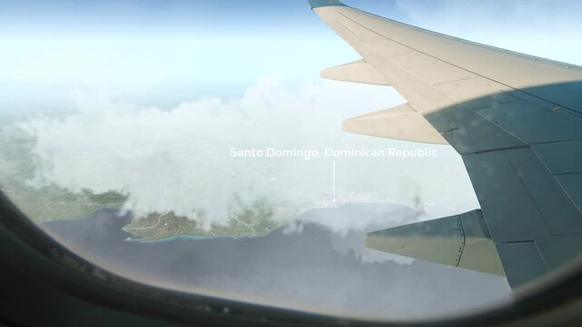 Airplane Flying over Santo Domingo, Dominican Republic and Clouds. Aerial Airplane scenes. Jet Flying Over City. Aerial City Animation &ndash; Vox Style Map Animation in 4K