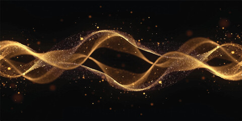Abstract golden wavy lines with sparkling particles on black background abstract art sparkling particles background technology ethereal illumination celebration © Rosa Alba L 