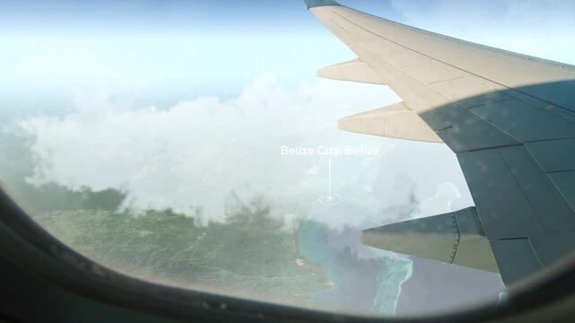 Airplane Flying over Belize City, Belize and Clouds. Aerial Airplane scenes. Jet Flying Over City. Aerial City Animation &ndash; Vox Style Map Animation in 4K