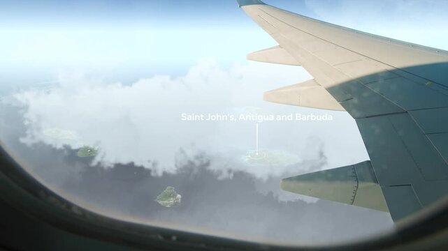 Airplane Flying over Saint John's, Antigua and Barbuda and Clouds. Aerial Airplane scenes. Jet Flying Over City. Aerial City Animation &ndash; Vox Style Map Animation in 4K