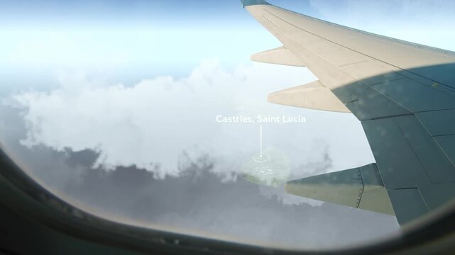 Airplane Flying over Castries, Saint Lucia and Clouds. Aerial Airplane scenes. Jet Flying Over City. Aerial City Animation &ndash; Vox Style Map Animation in 4K