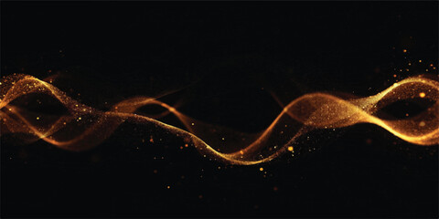 Abstract wavy golden glowing particles on black background with energy flow light effect particle effect digital art abstract pattern energy wave design particles decorative © Rosa Alba L 