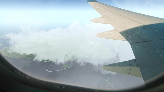 Airplane Flying over Suva, Fiji and Clouds. Aerial Airplane Scenes. Jet Flying Over City Skyline. Aerial City Animation &ndash; Vox Style Map Animation in 4K
