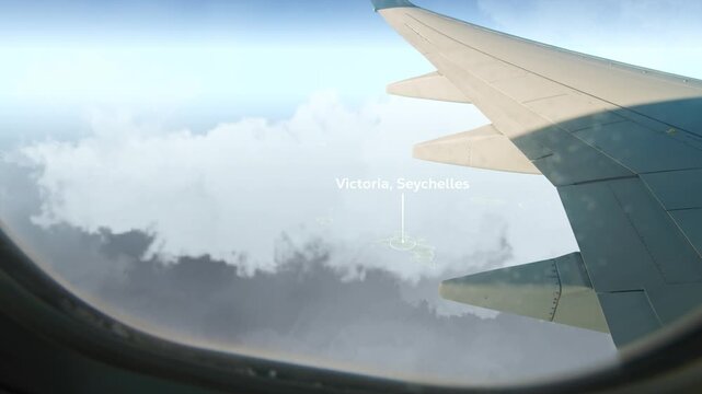 Airplane Flying over Victoria, Seychelles and Clouds. Aerial Airplane Scenes. Jet Flying Over City Skyline. Aerial City Animation &ndash; Vox Style Map Animation in 4K
