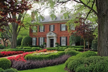Naklejka premium Beautiful home with red brick exterior, well-kept garden, and colorful flowers seen on a sunny day in a residential neighborhood