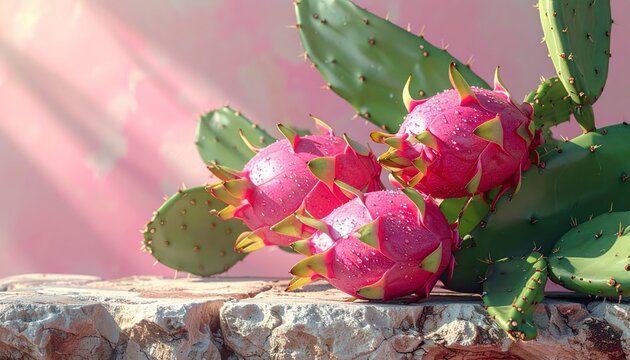 Fresh dragon fruits and green cactus on stone podium with pink background