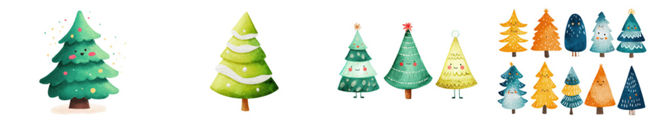 Obraz premium Cute watercolor Christmas tree illustration set with smiling festive evergreens, hand painted holiday clipart collection in whimsical pastel style