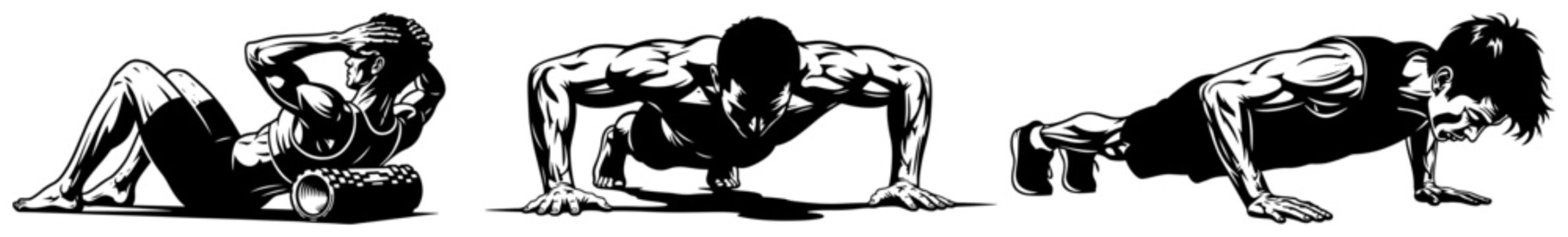 Athletic man performing fitness exercises set including push ups and core crunches with foam roller, black and white sports workout illustrations