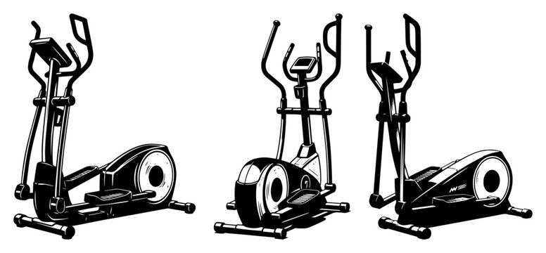 Elliptical cross trainer machine set for cardio workout, professional gym equipment icons for fitness and weight loss