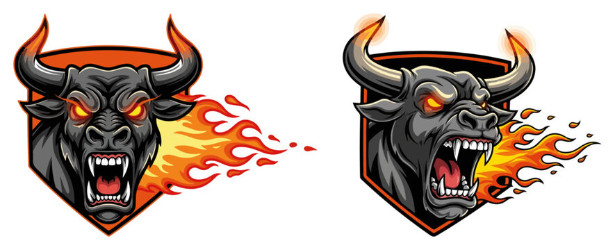 Aggressive bull head mascot with fire and flames, furious buffalo or ox logo for sports team or esports