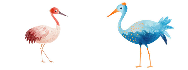 Fototapeta premium Watercolor illustration of two cranes, red crowned and stylized blue bird, elegant long neck birds isolated on transparent background