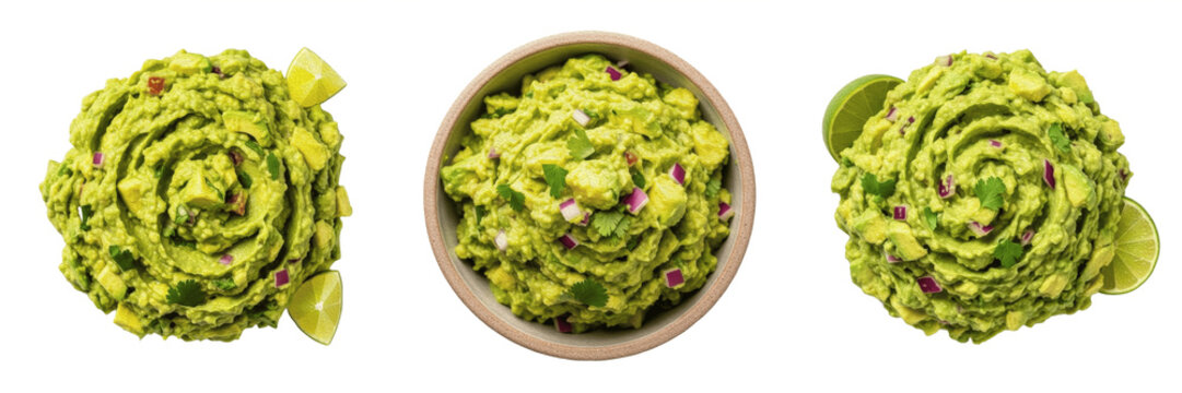 Fresh Homemade Guacamole Bowl PNG, Creamy Avocado Dip, Authentic Mexican Food Photography for Menu and Culinary Design Projects.