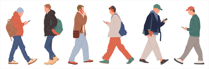 Obraz premium Men walking and using phone on the go. People set. Side view. Wear warm clothes, some with backpacks or headset.