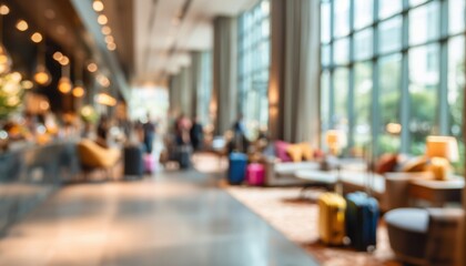 Fototapeta premium Blurred Image Of A Busy Hotel Lobby With Travelers, Suitcases, And Modern Interior In Daylight. Defocused Shot Of Comfortable Seating.