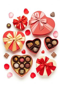 valentines day gifts, chocolate boxes, Heart shaped gift boxes with ribbons and assorted chocolates arranged on white background. Rose petals scattered around. Flat lay composition. Concept of valenti