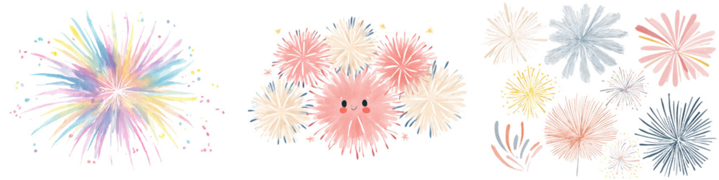 Watercolor illustration set of pastel fireworks bursts with soft colorful splashes, hand painted festive starburst elements with delicate textures isolated on white background