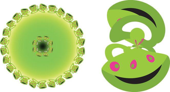 Green cartoon frog face and gradient circle with leaves