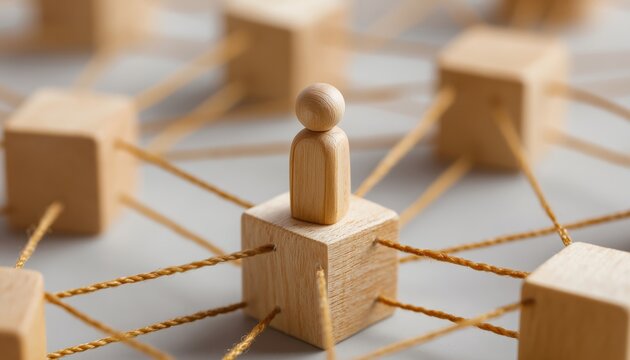 Wooden Cube Block Print Screen Person: Linking Connection Network For Organizational Structure And Teamwork. A Tool For Enhancing Efficiency And Collaboration Within The Workplace.