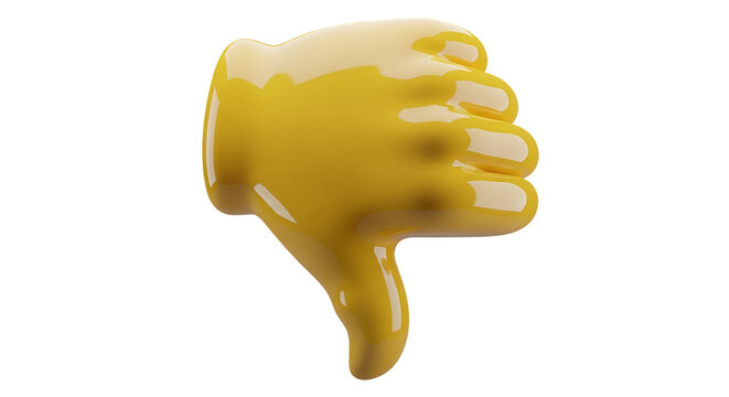 Yellow 3D hand giving thumbs down gesture against black background glossy render with smooth contours disapproval sign and decline expression