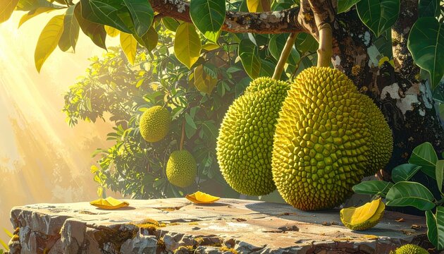 Natural rock pedestal for branding with lush jackfruit tree and sunny sky