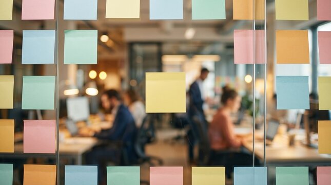 Agile workspace: Captured a bustling business environment, where colorful sticky notes adorn a glass surface, symbolizing dynamic teamwork, creative brainstorming and strategic planning.