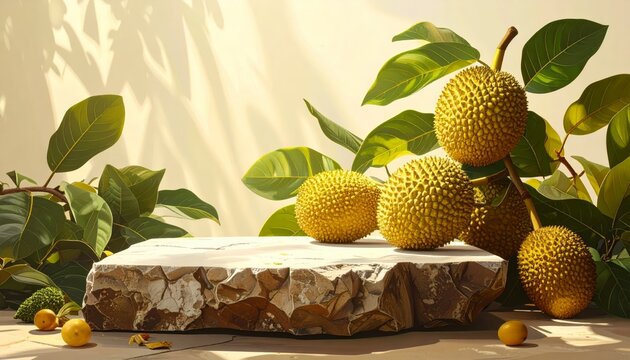 Natural rock pedestal for branding with lush jackfruit tree and sunny sky