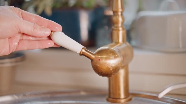 Brass faucet handwashing before pumpkin prep, closeup of bronze tap with warm water, hands rinsing and splashing, soapless rinse, droplets and shine on metal, cozy kitchen atmosphere suggesting autumn