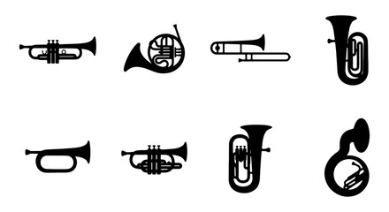 Brass musical instrument silhouette set, 8 black vector icons of trumpet, trombone and tuba, classical orchestra wind instruments on white background © Mitu