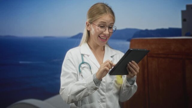 Woman doctor in white coat taps tablet with finger in studio, stethoscope visible and smiling; telemedicine care cheerful.
