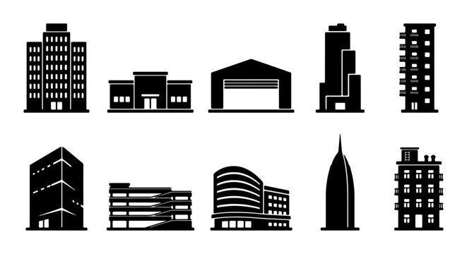 Modern building icons set, 10 black silhouette architecture elements, commercial real estate and office skyscraper vector illustrations for city maps