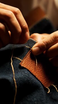 Close-up of hands meticulously sewing a leather patch onto dark denim fabric.