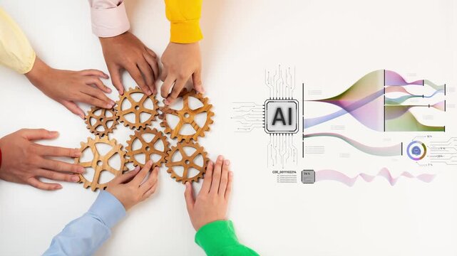 Diverse hands assemble gears next to a graph illustrating AI technology, showcasing teamwork and innovation in artificial intelligence and data analytics. Raster