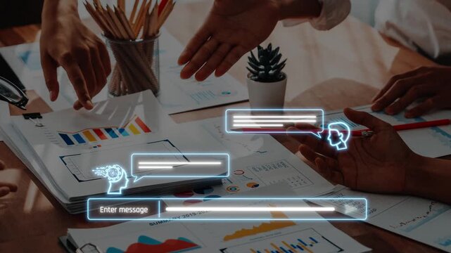 A dynamic office scene showing a team engaged in a discussion with digital communication elements overlaying documents, charts, and graphs for effective collaboration. Raster