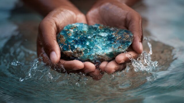 Hands holding a large raw blue turquoise geode in splashing water