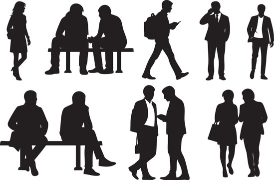 Business People Silhouette Set, Walking Sitting Talking Human Figures Collection, Black Shadow Characters Isolated on White Background